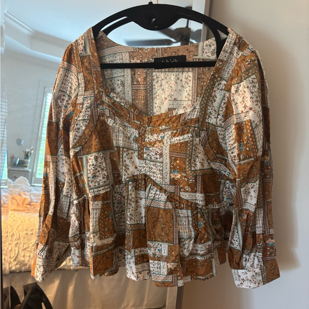 fab'rik Brown and Tan Sequin 3/4 Sleeve Blouse
